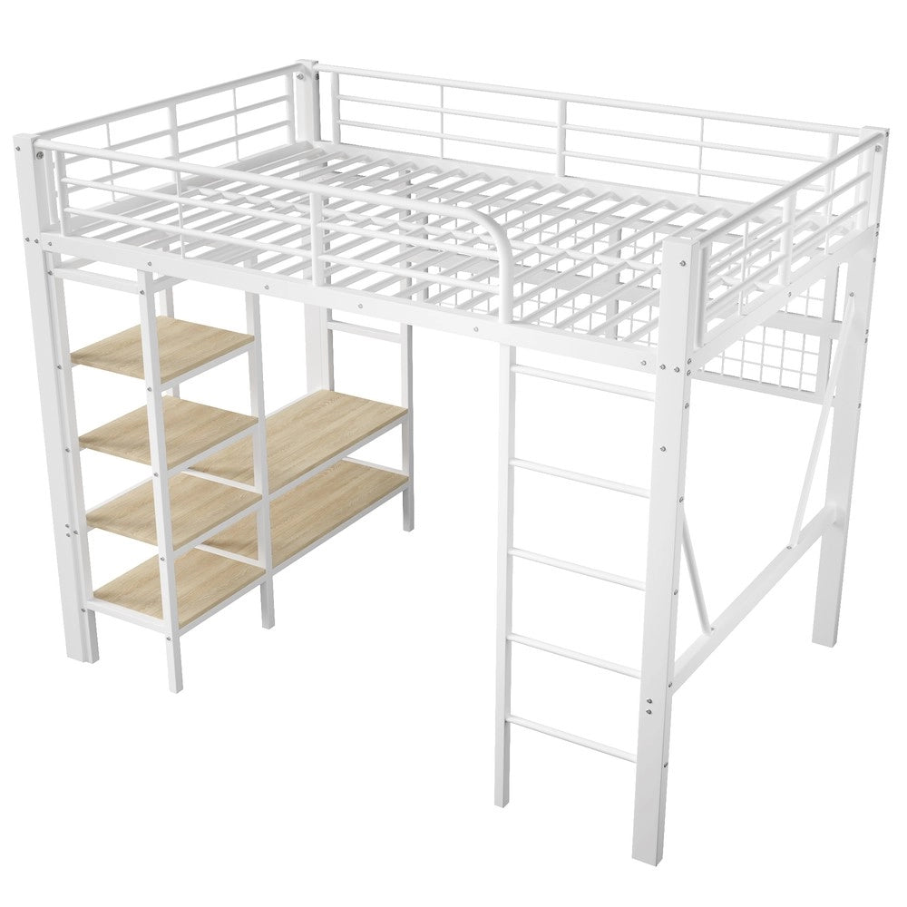 Letto a Soppalco con LED, Cassetti e Struttura in Metallo ¨C Xylo ¨C 140x200 cm, Bianco