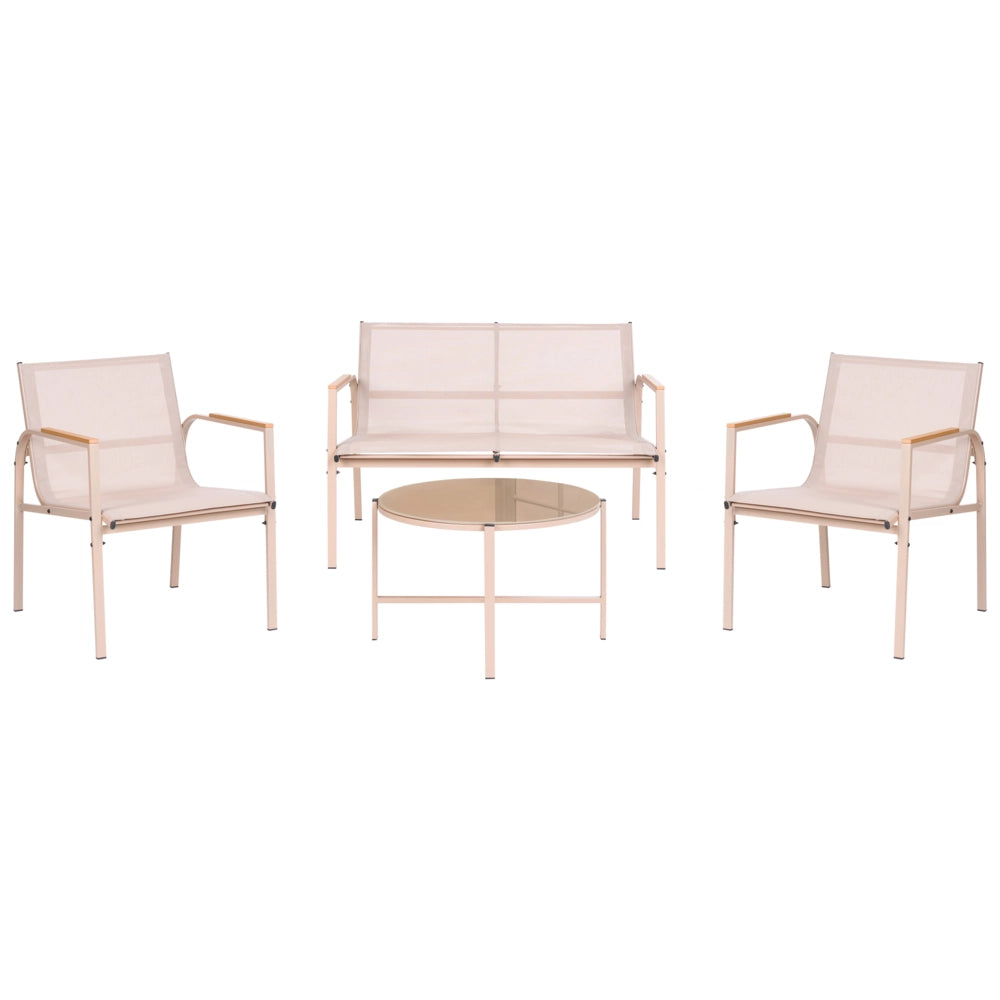 Set da giardino beige in acciaio verniciato a polvere, 4 posti con poltrone e tavolino in vetro, set da conversazione da esterno dal design moderno