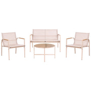 Set da giardino beige in acciaio verniciato a polvere, 4 posti con poltrone e tavolino in vetro, set da conversazione da esterno dal design moderno