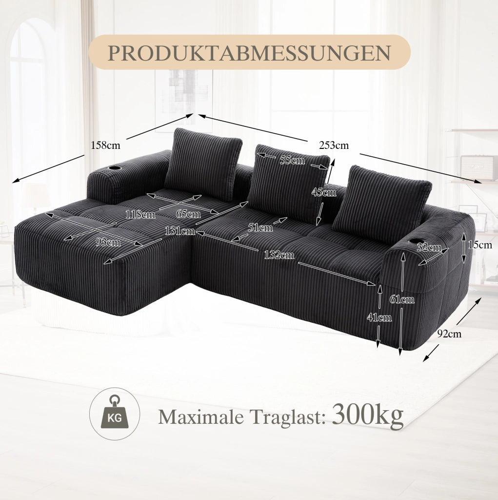 Divano compatto modulare in corduroy con tasche laterali e portabicchieri; 253x158x61 cm; grigio scuro