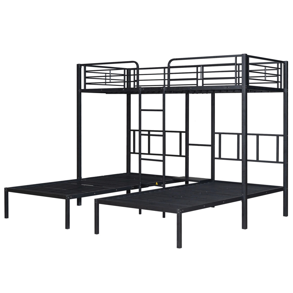 Letto a Castello Triplo 90x200 cm in Metallo con Scala; Scrivania e Protezioni Nero