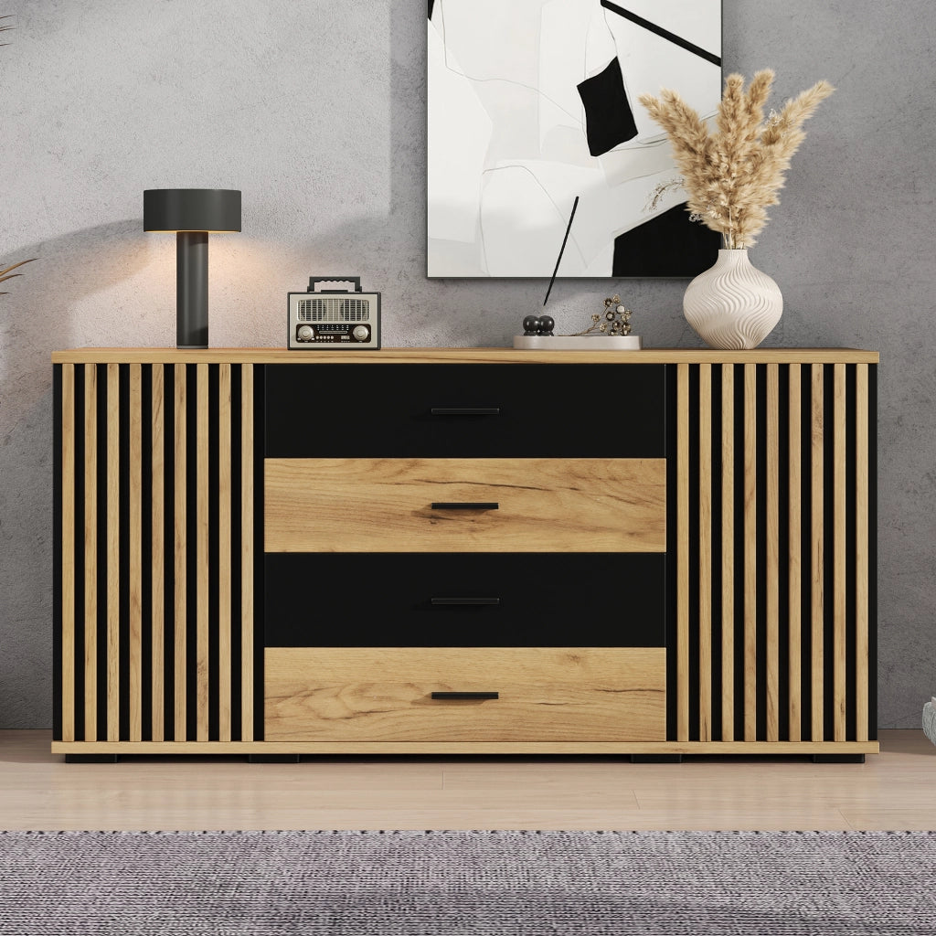 Sideboard 140×35×70 cm in MDF con 4 cassetti e 2 ante, mobile contenitore in effetto rovere nero