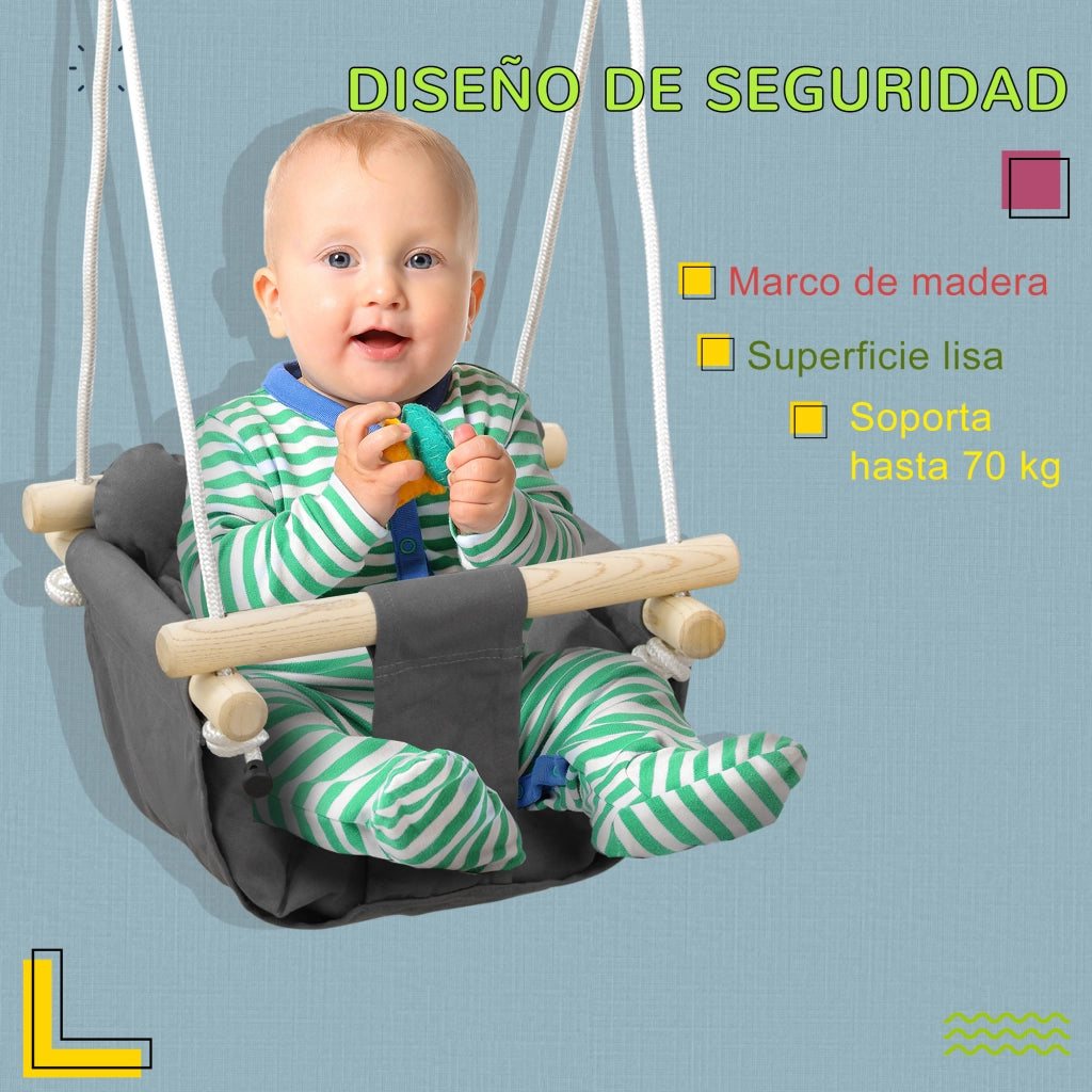 Altalena per Bambini Regolabile in Altezza ¨C zephmum ¨C Grigio e Legno 40x40x110-180 cm