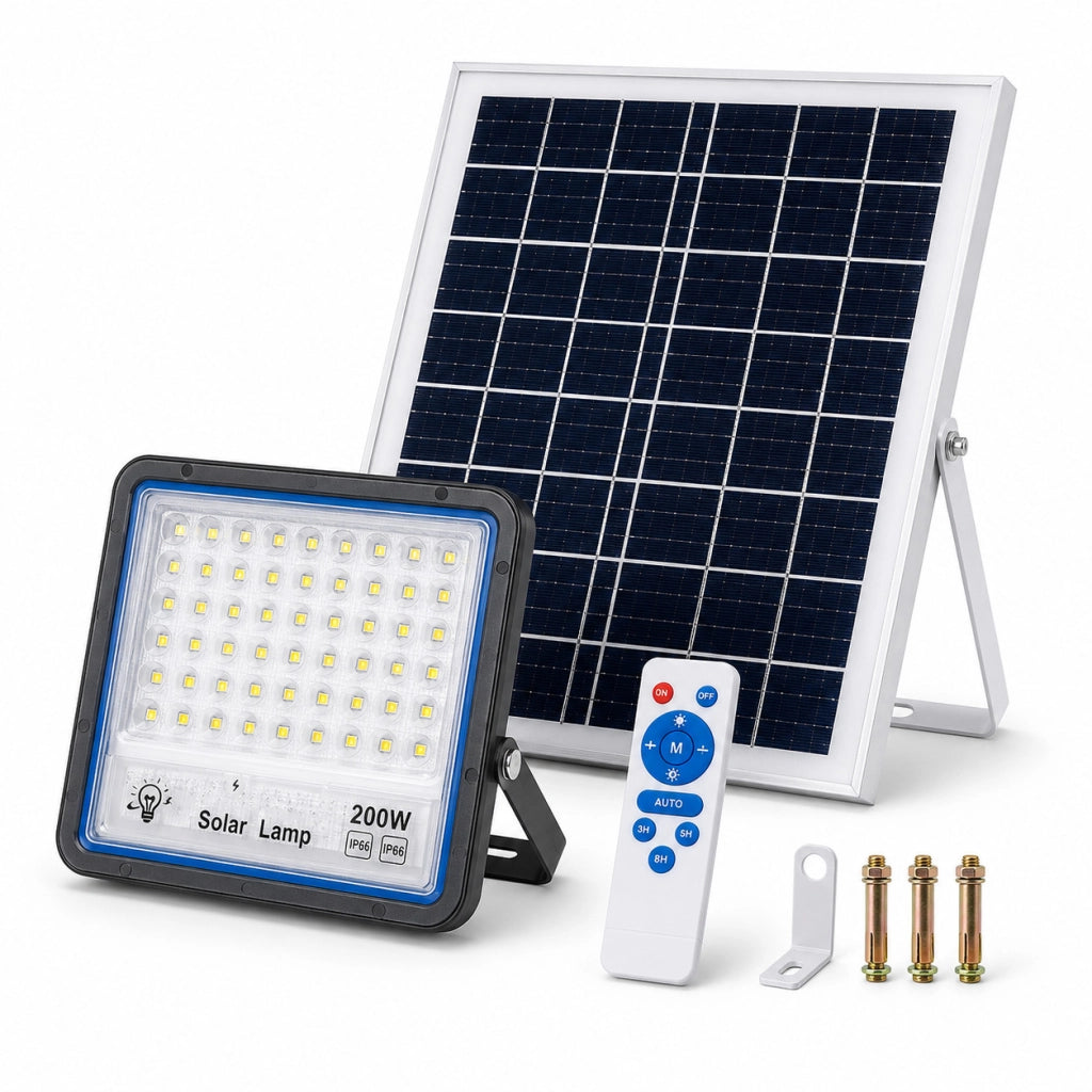FARO LED FARETTO ALTA LUMINOSITA' PANNELLO SOLARE CREPUSCOLARE TELECOMANDO 200W