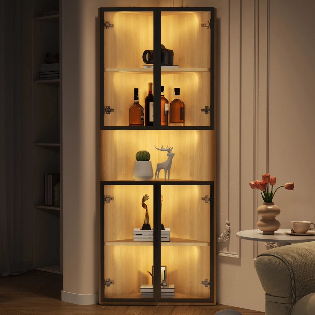 Vetrina angolare LED in MDF effetto rovere 62x32x160 cm con ante in vetro e chiusura soft-close