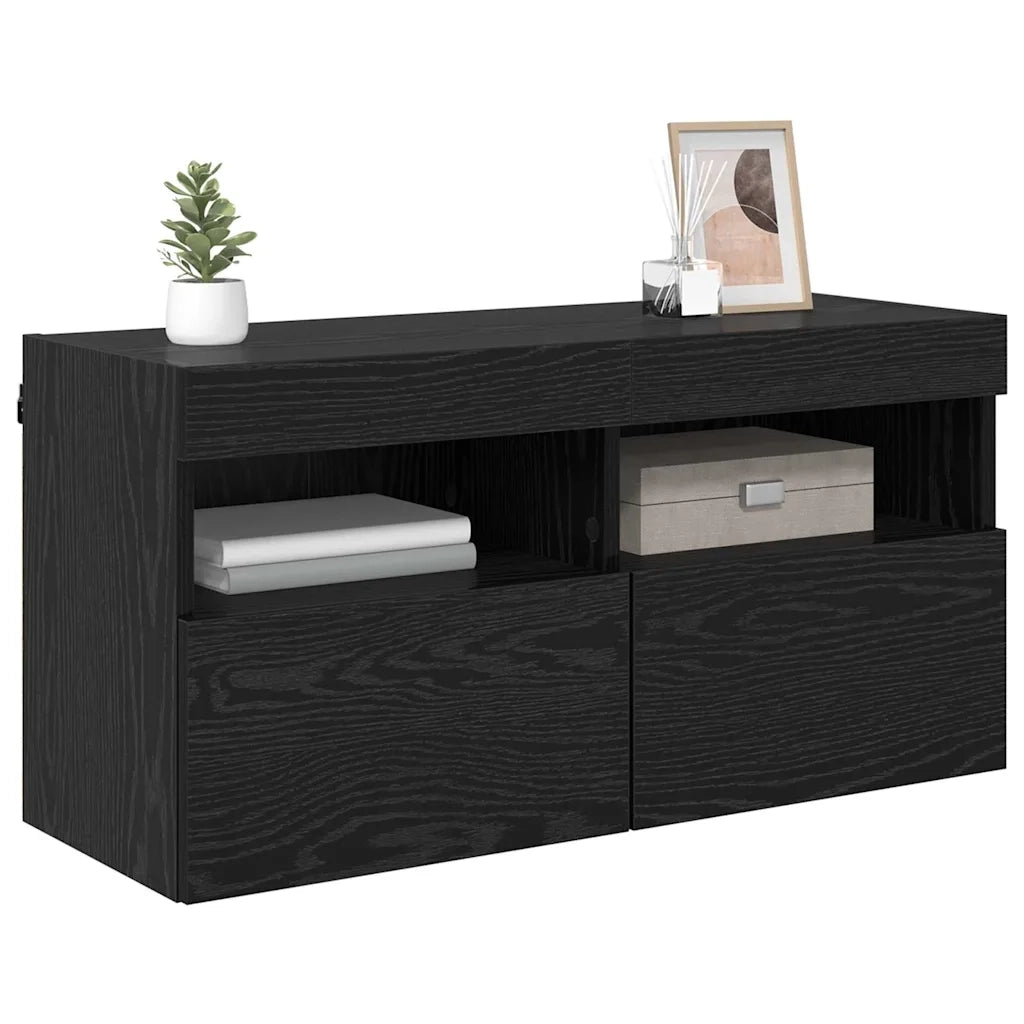 Mobile TV da parete con LED Rovere Nero 80 x 30 x 40 cm
