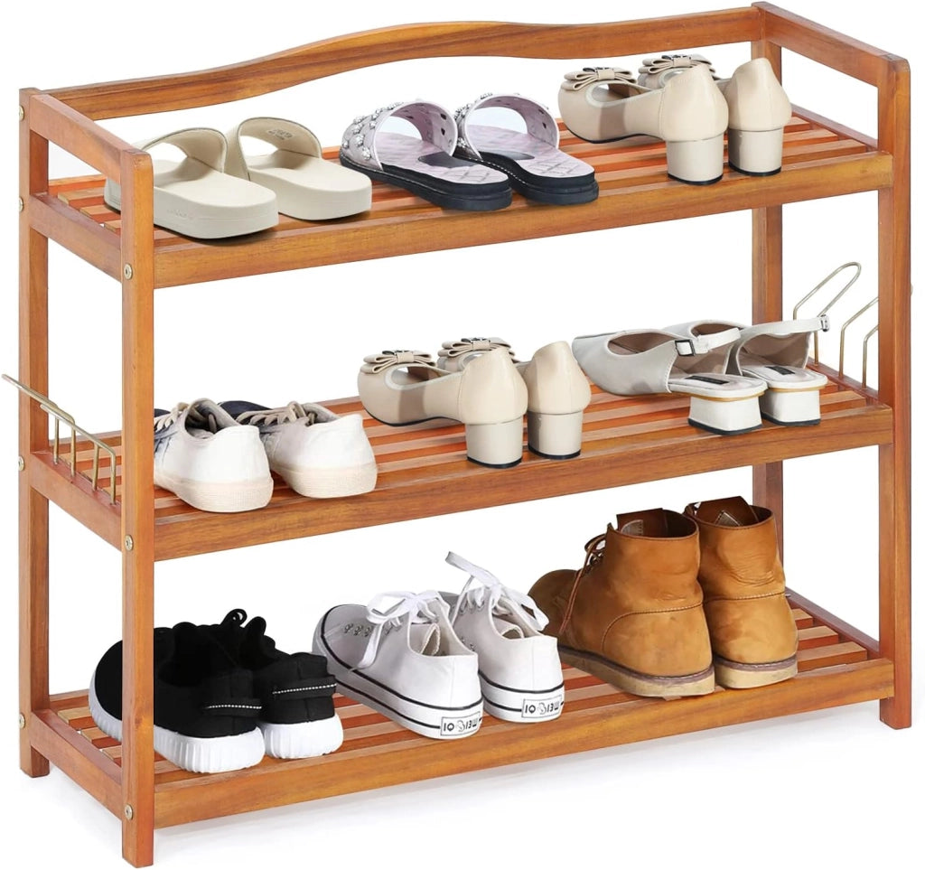 Scarpiera a 2 Livelli, Scaffale per Scarpe in Legno di Acacia Solido con Ganci Laterali in Metallo, Contiene 12 Paia, Capacità di Ogni Ripiano 20 kg, 74 x 26 x 42 cm (3 Livelli)
