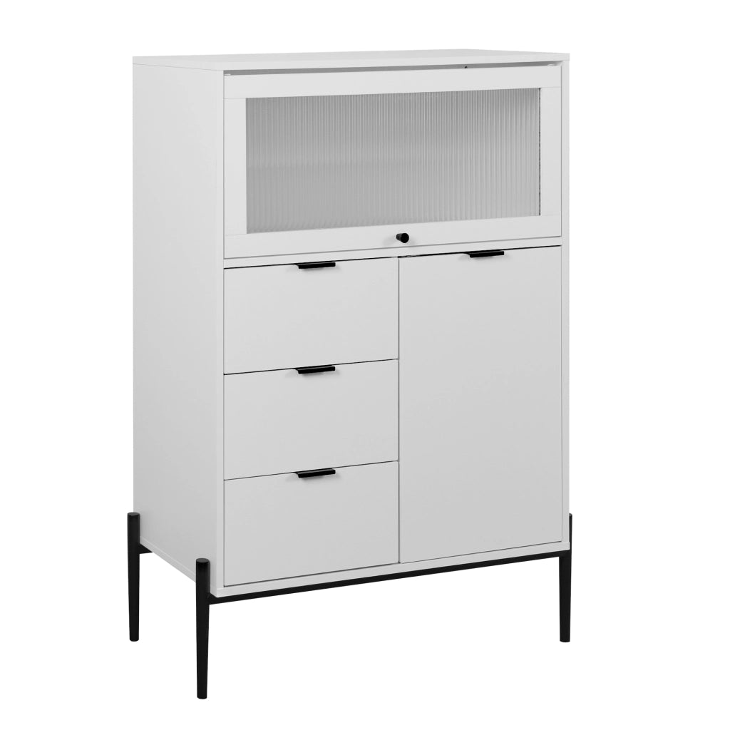 OKWISH Credenza con 3 Cassetti, 1 Anta e 1 Anta in Vetro, Ripiani Regolabili, per Cucina o Sala da Pranzo, Bianca