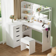 Toeletta Trucco con Luci,Postazione Trucco con Sgabello,Tavolo da Trucco con Specchio,Tavolo ad Angolo con Presa Elettrica, 5 Cassetti, Ripiani Aperti,Moderno per la Camera (Bianco)