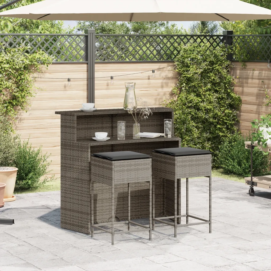 Set Bar da Giardino 3pz con Cuscini Grigio in Polyrattan 3261488