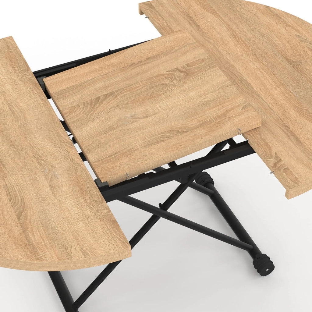 Tavolino allungabile a un tavolo da pranzo rotondo ALTURA piano in effetto faggio base nero design industriale