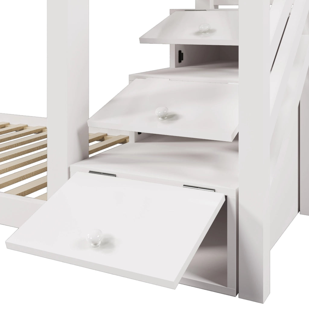 OKWISH Letto a Castello a Casetta 90×200 cm, Letto Singolo con Contenitore, Cassetti e Lavagna, con Barriera, senza Materasso, Bianco