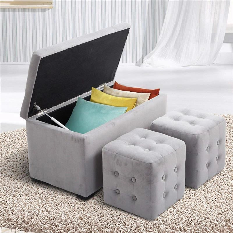 CASSAPANCA PORTAOGGETTI MULTIUSO CON 2 SGABELLI POUF IN VELLUTO GRIGIO PERLA
