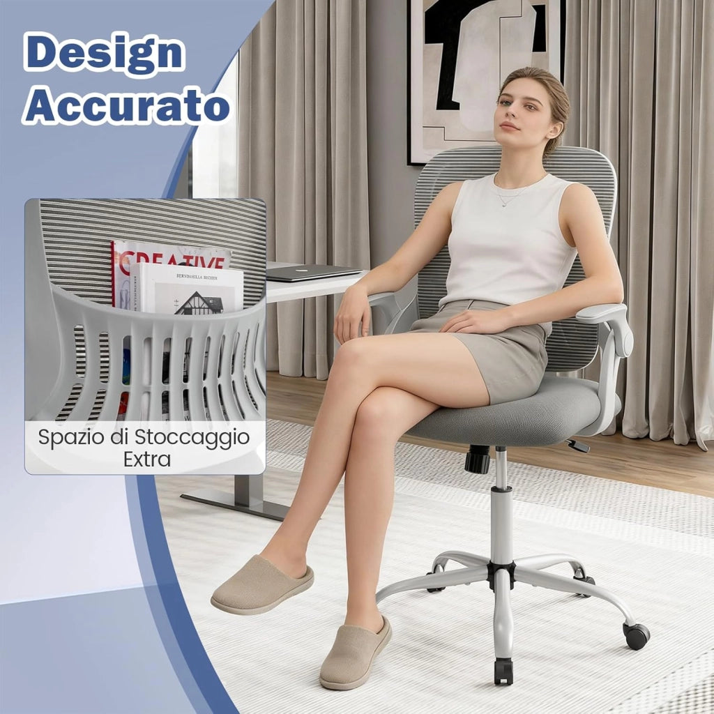 Sedia da Ufficio, Poltrona Ergonomica in Rete Traspirante con Braccioli Reclinabili, Poltrona da Scrivania Girevole Regolabile in Altezza con Ruote