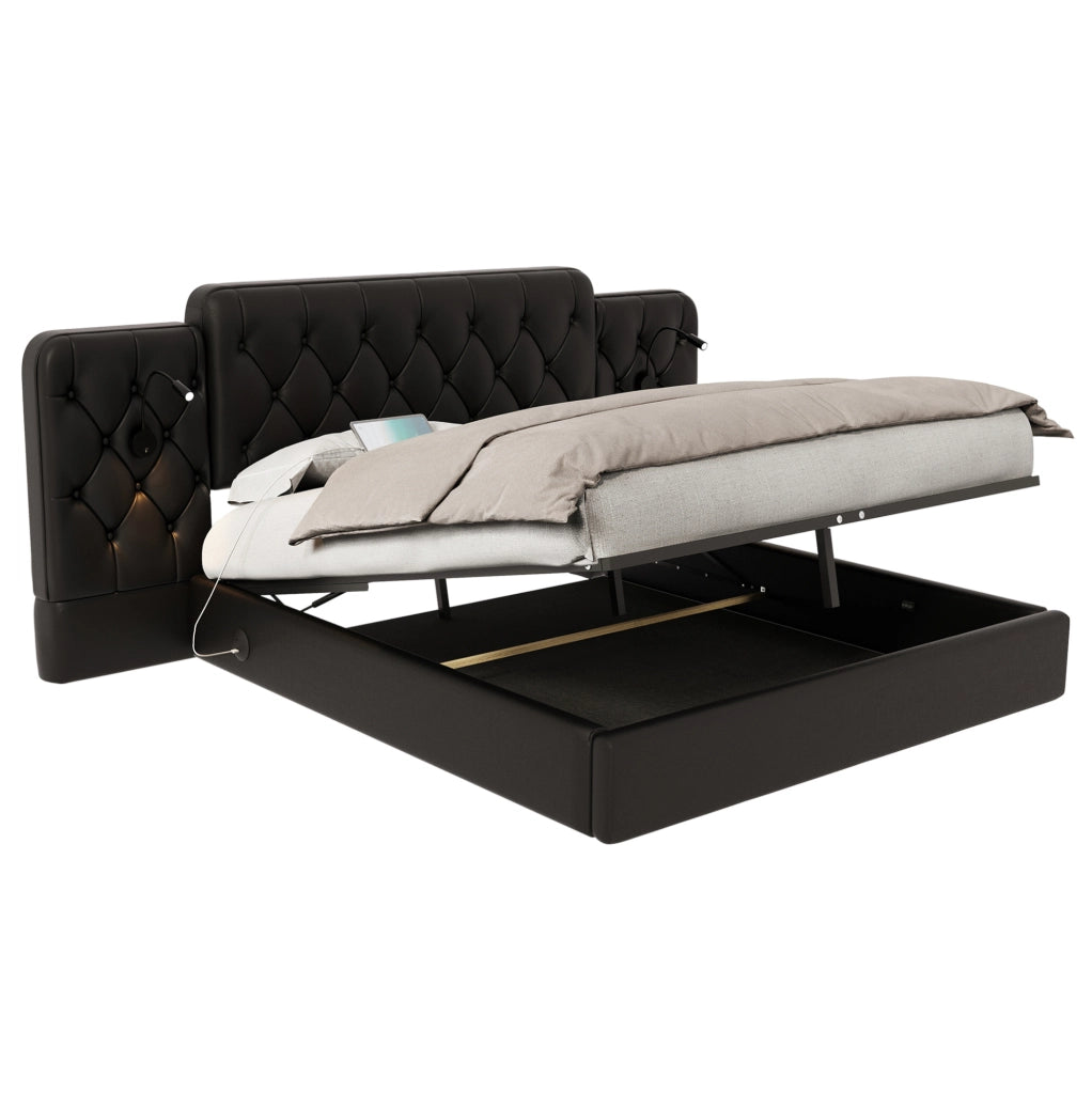 Letto 160x200 cm con testiera allungata; luci da lettura; USB e contenitore in PU nero