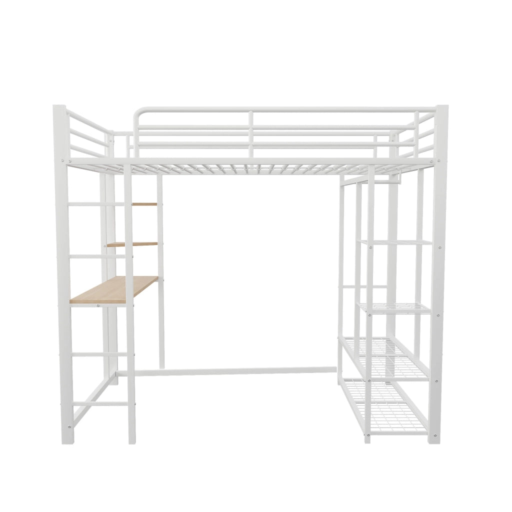 Letto a Soppalco Singolo con Scrivania; Armadio e Ripiani; 90 x 200 cm; senza Materasso; Bianco