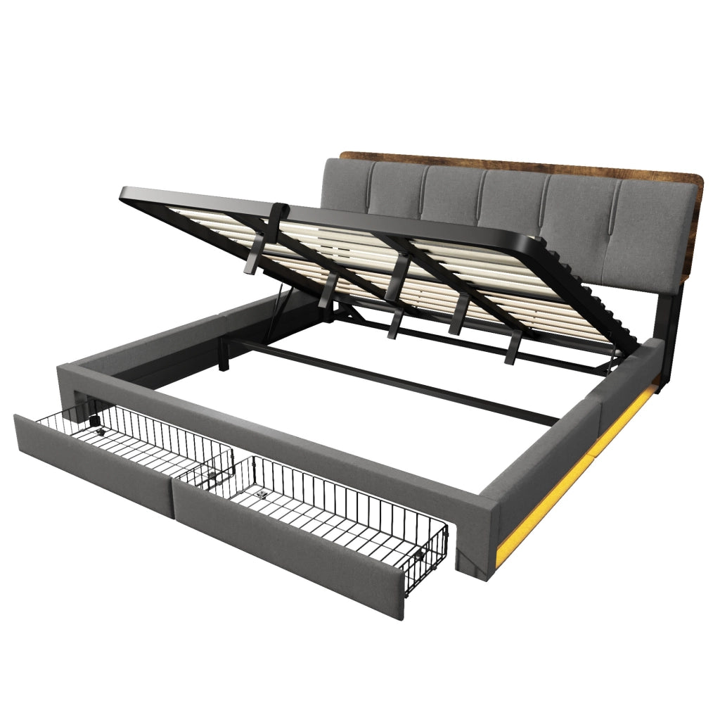 Letto matrimoniale imbottito ULEVR 180x200 cm con contenitore idraulico, LED, USB e Type-C, lino grigio
