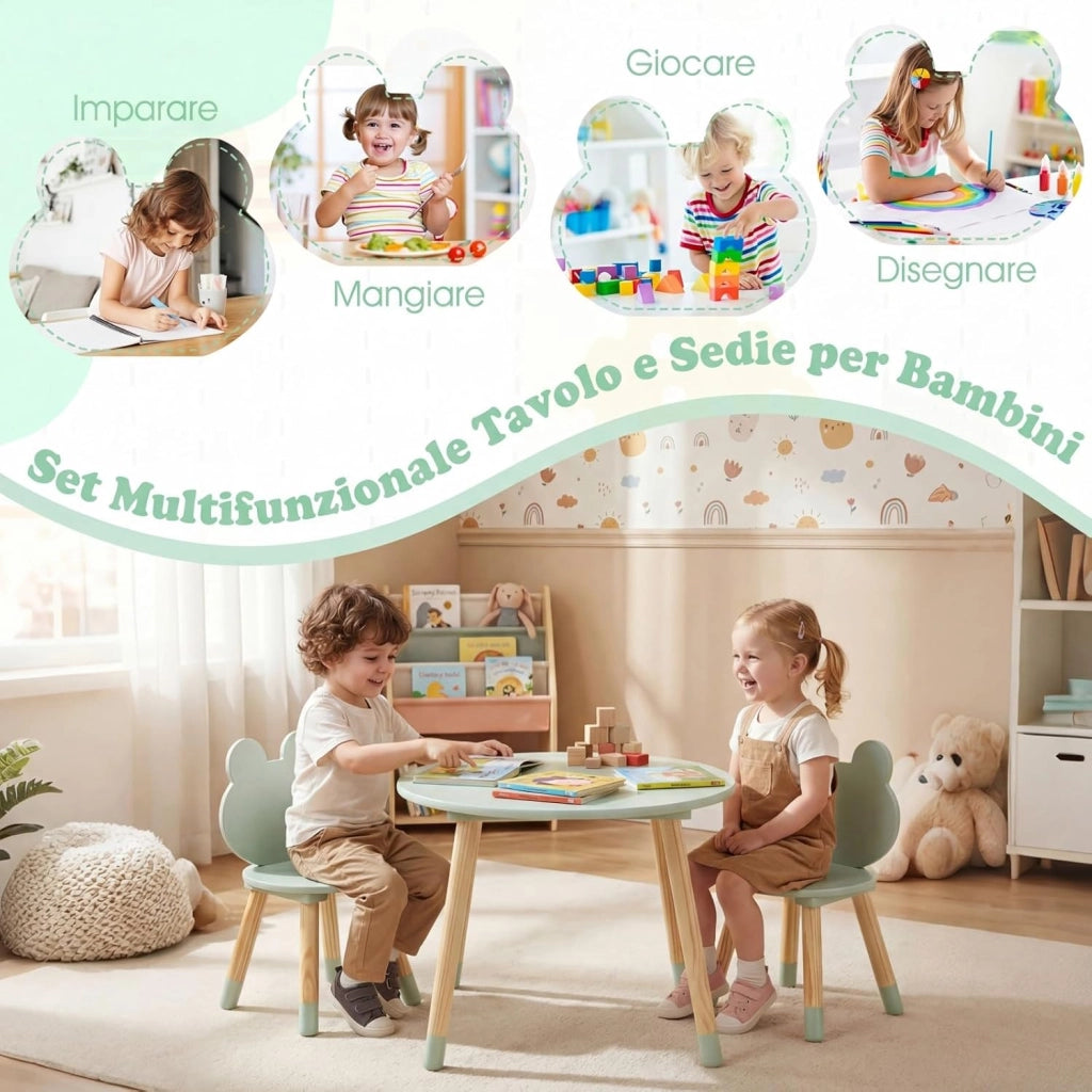 Set Tavolo e Sedie per Bambini, Tavolino e 2 Sedie a Forma di Rana con Gambe in Legno e Angoli Arrotondati, Set Mobili Salvaspazio per Bambini 3+ Anni per Cameretta Ragazzi (Verde)