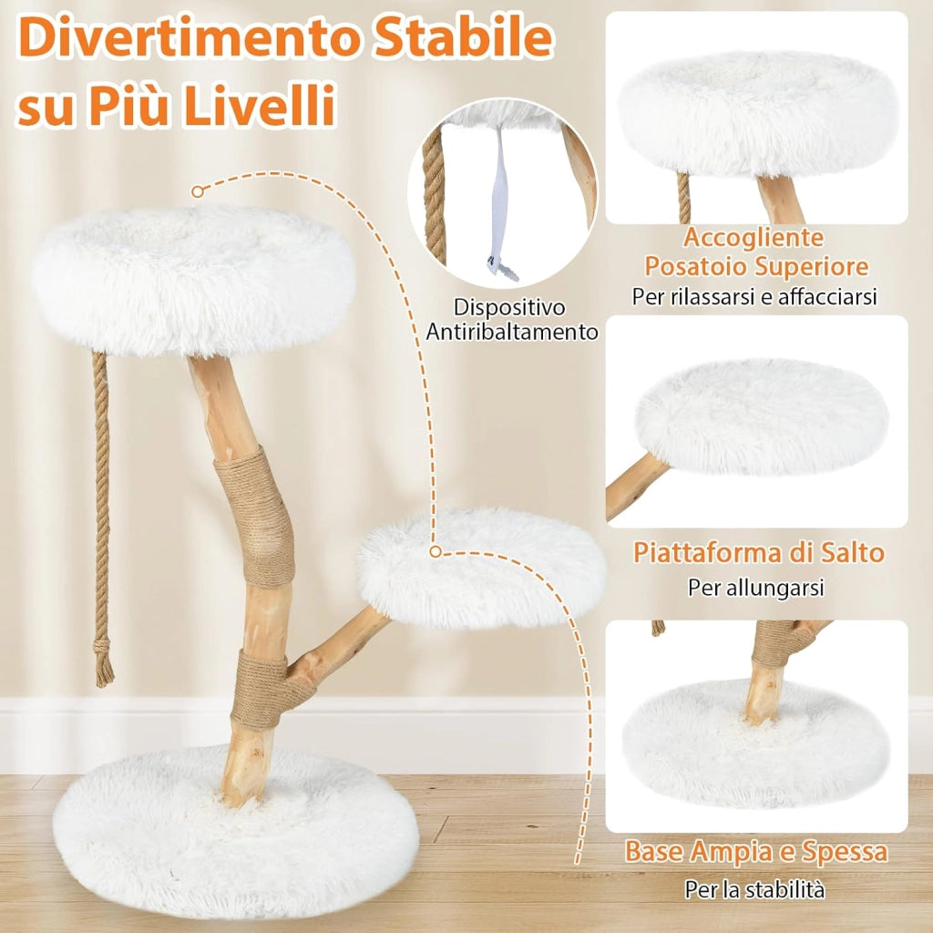 Albero per Gatti 90 cm, Torre Moderna in Legno con Piattaforme, Tiragraffi in Luta Naturale e Corda, Albero Tiragraffi per Animali Domestici (Bianco)
