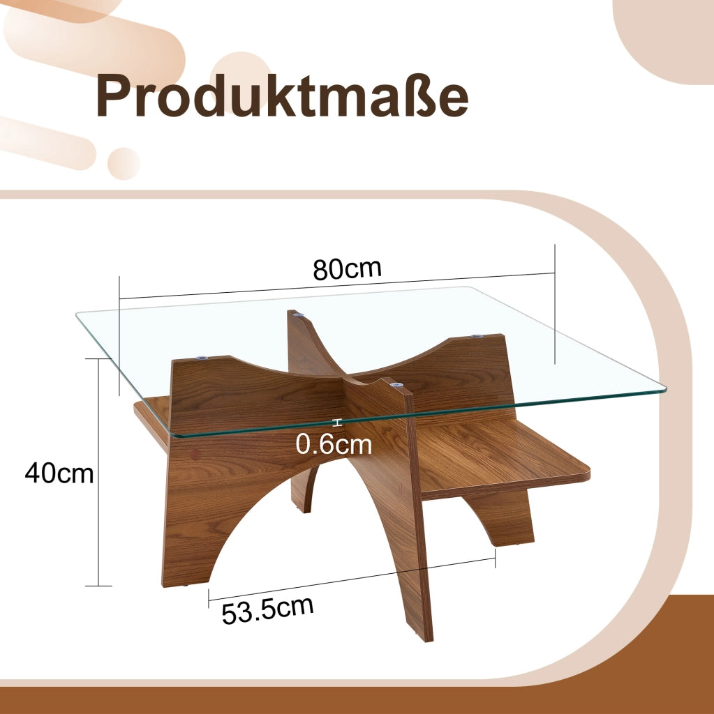 Tavolino 80x80x40 cm con piano in vetro temperato; struttura in MDF effetto noce