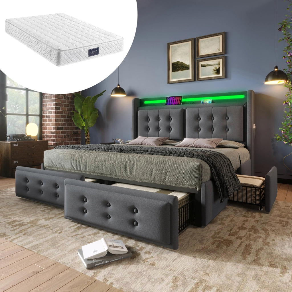 LETTO matrimoniale 140x200 cm in cotone-lino grigio con 4 cassetti e LED