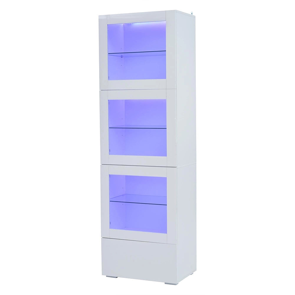 Vetrina 60x40x173 cm con LED - Xylo - 3 ripiani in vetro, ante in acrilico, armadio per soggiorno, bianco