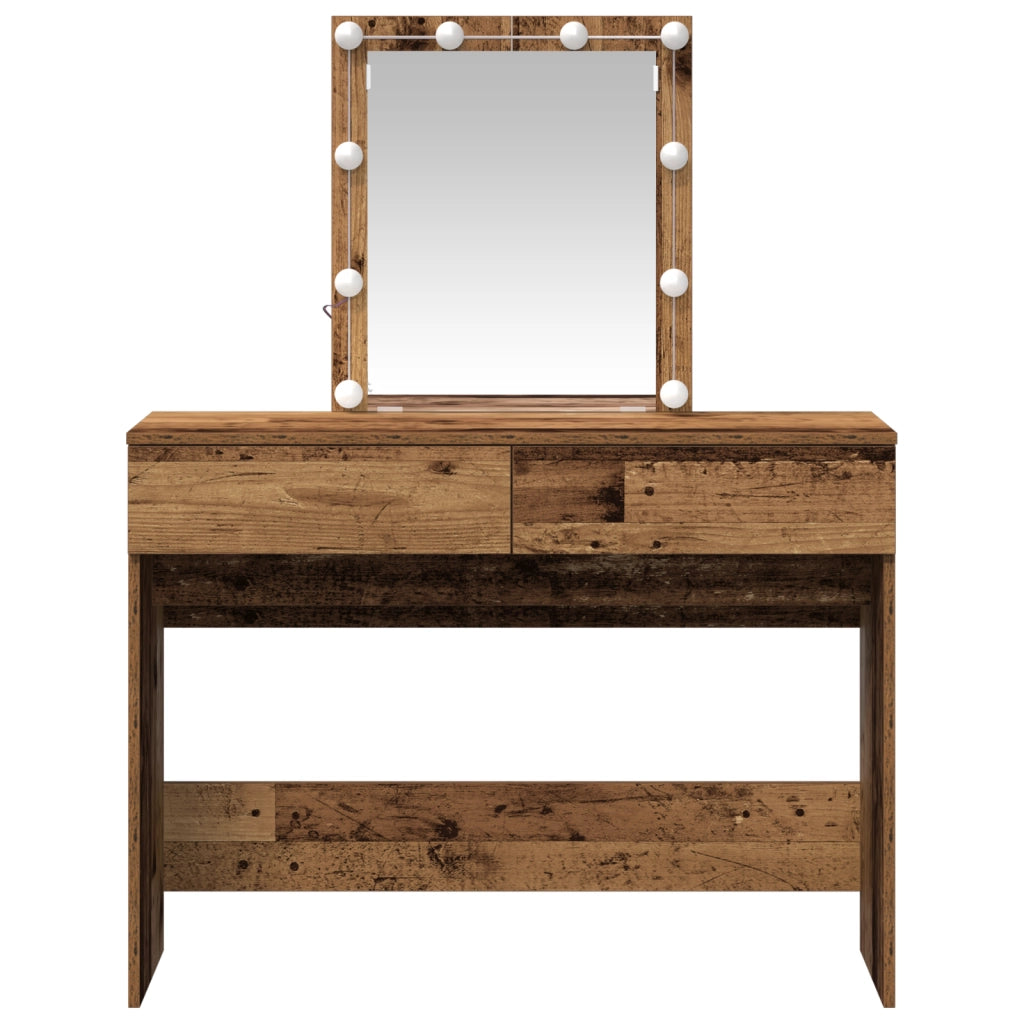Tavolo da trucco con specchio e luci LED in legno vecchio