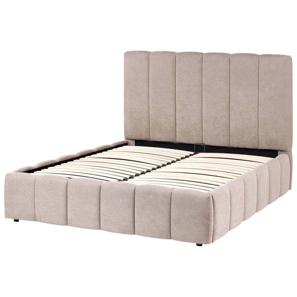 Letto matrimoniale contenitore con trapuntatura verticale in tessuto tortora 140x200 cm struttura sollevabile e testiera alta