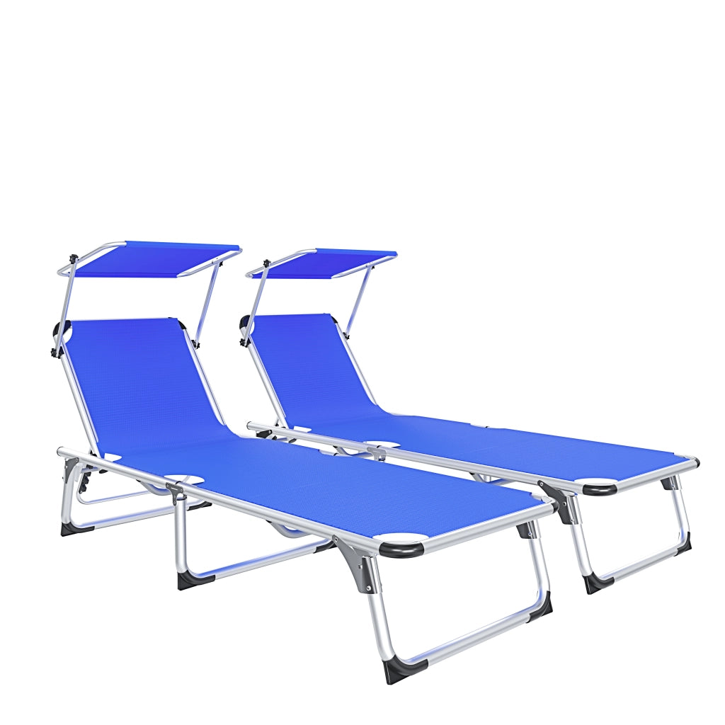 Coppia Di Lettini Pieghevole Prendisole Tettuccio Parasole Schienale Reclinabile Regolabile 6 Posizioni Struttura In Alluminio Sedia Sdraio Spiaggia Mare Giardino Piscina 187 x 59 x 29 Cm (Blue)