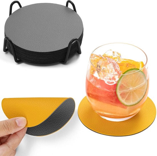 Set di sottopiani per bicchieri, 12 pezzi, sottopiani per bicchieri a doppia faccia, sottopiani per bicchieri, sottopiani per contenitori, sottopiani antiscivolo, in pelle, in pelle imitativa, sottopiani con finitura in pelle (grigio, giallo, rotondo)