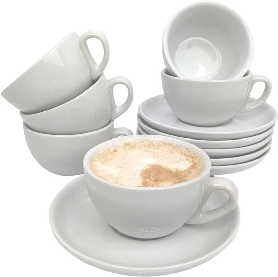 Set di 12 tazze da caffè in porcellana, bianche, 200 ml, con manico spesso - Resistenti al lavastoviglie