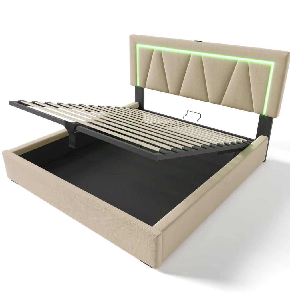 Letto matrimoniale 160x200 cm in lino beige con LED; USB e porta Type-C; contenitore