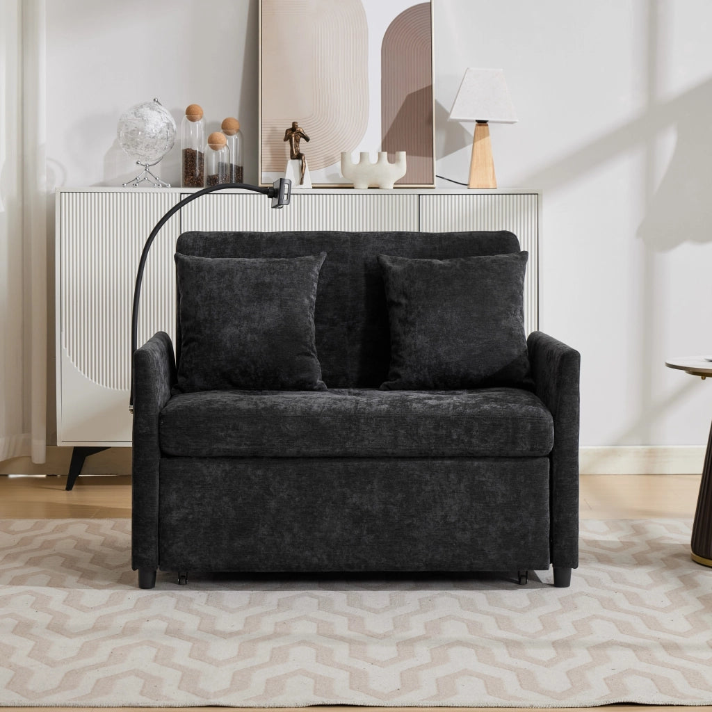 Divano convertibile moderno con porta USB e supporto tablet in tessuto effetto lino nero 109 × 72 × 83,5 cm