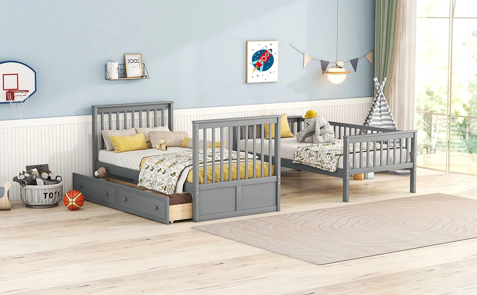 LETTO a castello convertibile 90x200 cm in pino grigio con 2 cassetti