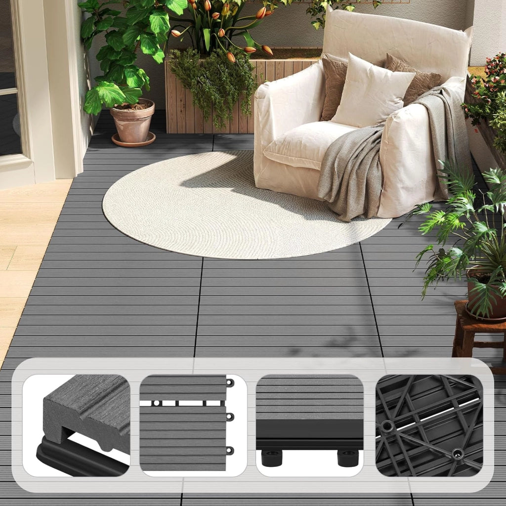 Piastrelle per Pavimenti da Esterno Mattonelle Pavimentazione ad Incastro Click-Deck in Legno Composito, con 12 Pannelli da 30x60 cm Grigio Chiaro