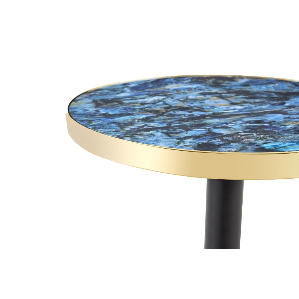 Tavolino rotondo con bordo dorato e base stabile in MDF e metallo blu