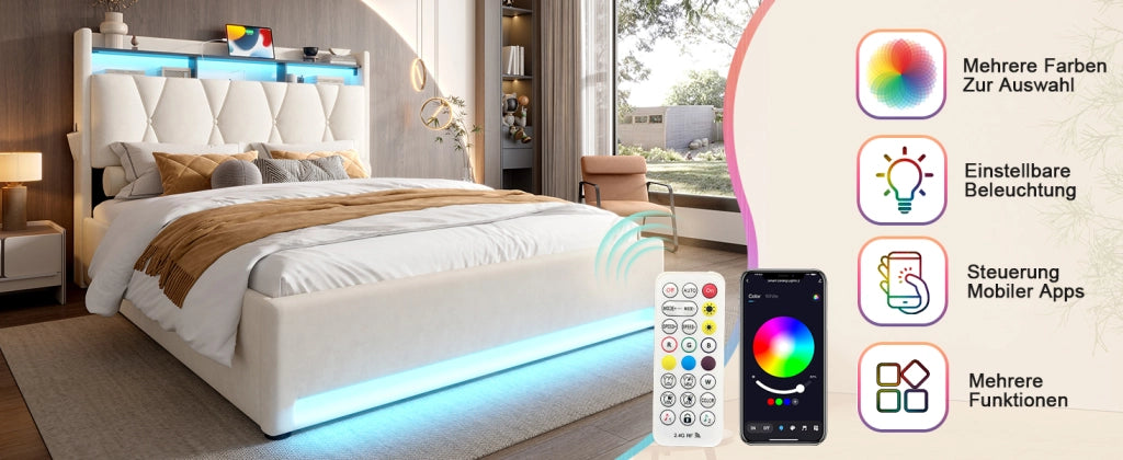DESMIU Lit contenitore 140 × 200 cm 2 posti con LED, USB e Type-C, vano sottoletto e testiera, senza materasso