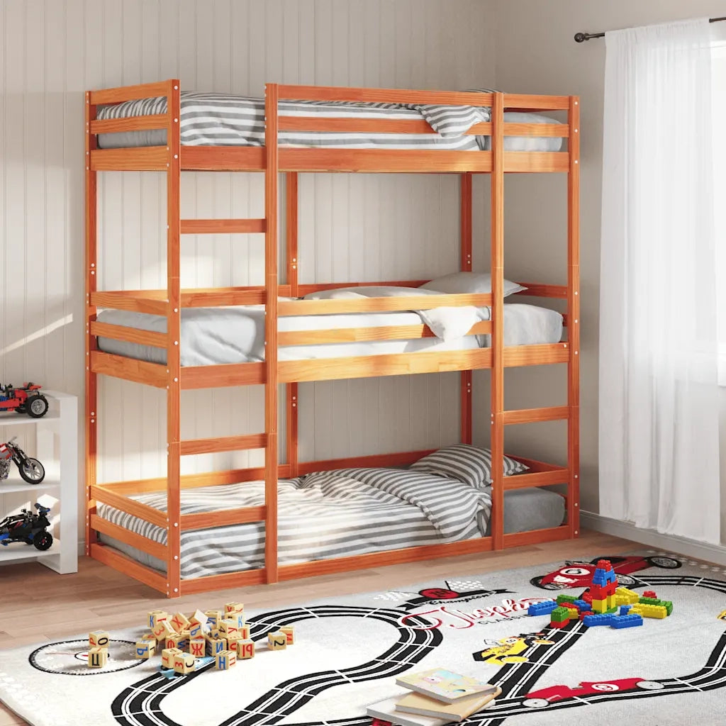 vidaXL Letto Castello Triplo Marrone Cera 75x190cm Legno Massello Pino