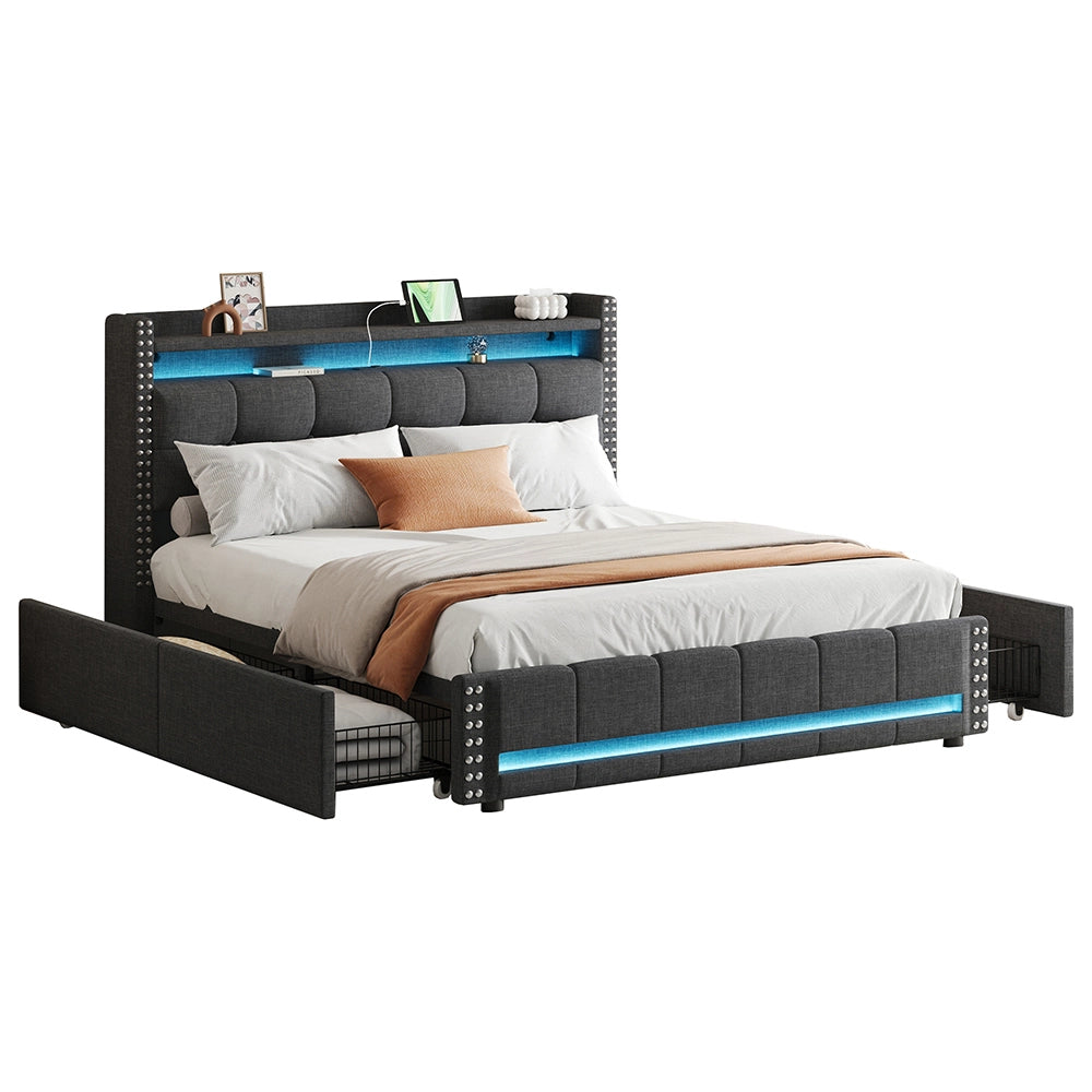 Letto imbottito 160x200 cm - Xylo - Grigio - Luci LED, 4 cassetti, presa USB