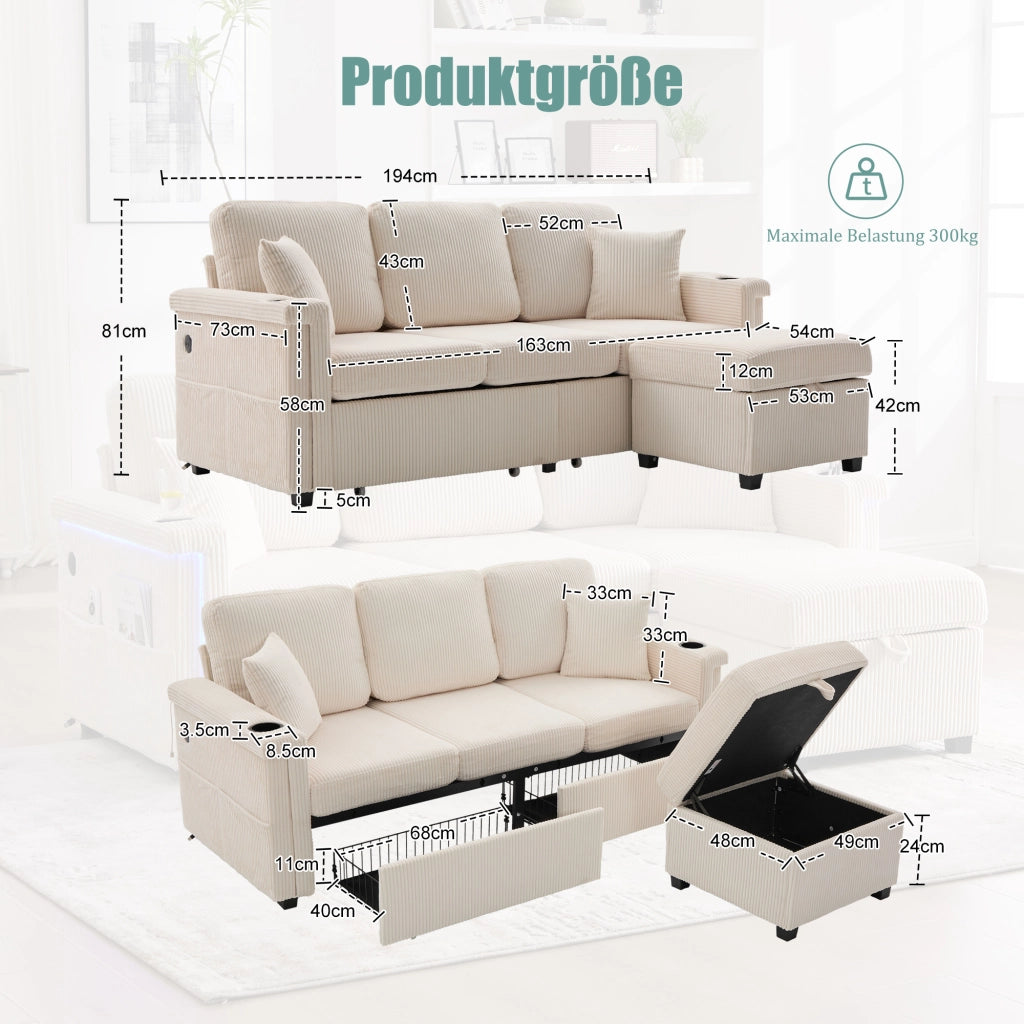 Divano Angolare Modulare con LED; USB e Type-C; Contenitore; Tasche Laterali e Portabicchieri; in Velluto a Coste Beige