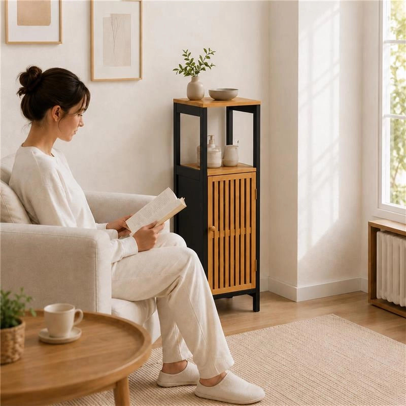 MOBILE DA BAGNO IN LEGNO CON ANTA E RIPIANO IN BAMBOO - COLORE NERO DIMENSIONI 32X30X91 CM