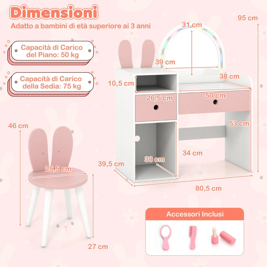 Tavolo da trucco principessa con specchio illuminato e cassetti, Scrivania con specchio e luci per bambini Bianco