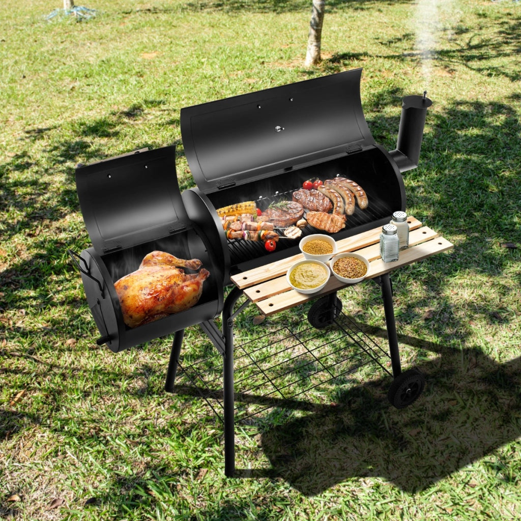 Barbecue a carbone con fumatore a offset, Cuoco per carne da barbecue con cassetto per fuoco laterale 115x65x108cm