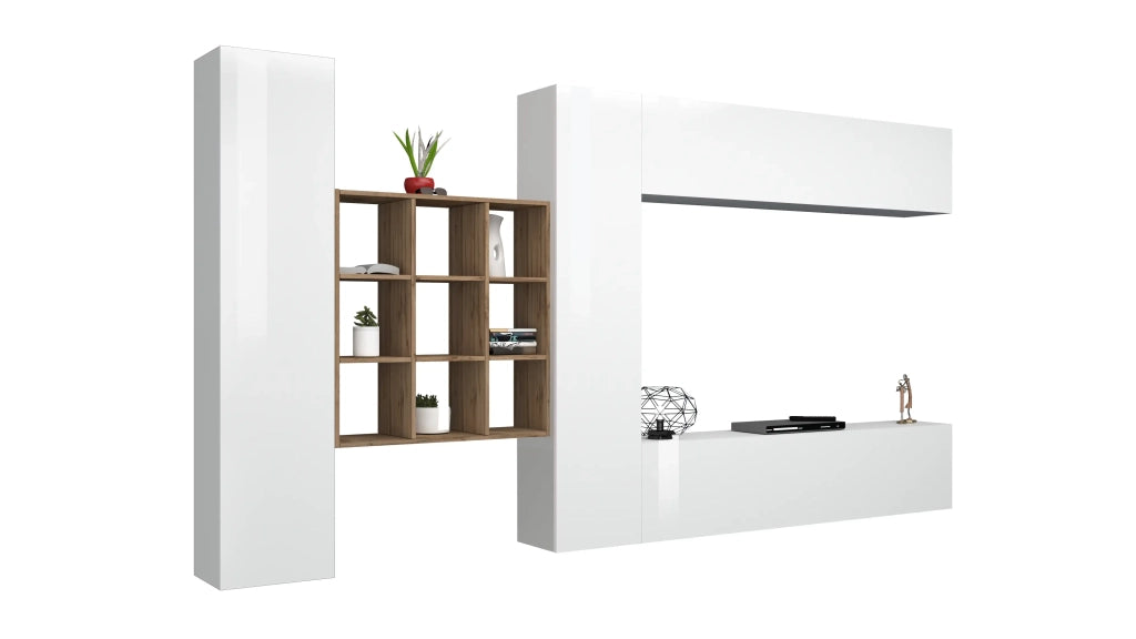 Parete attrezzata sospesa TV pensile bianco libreria 2 armadi Ferd WH