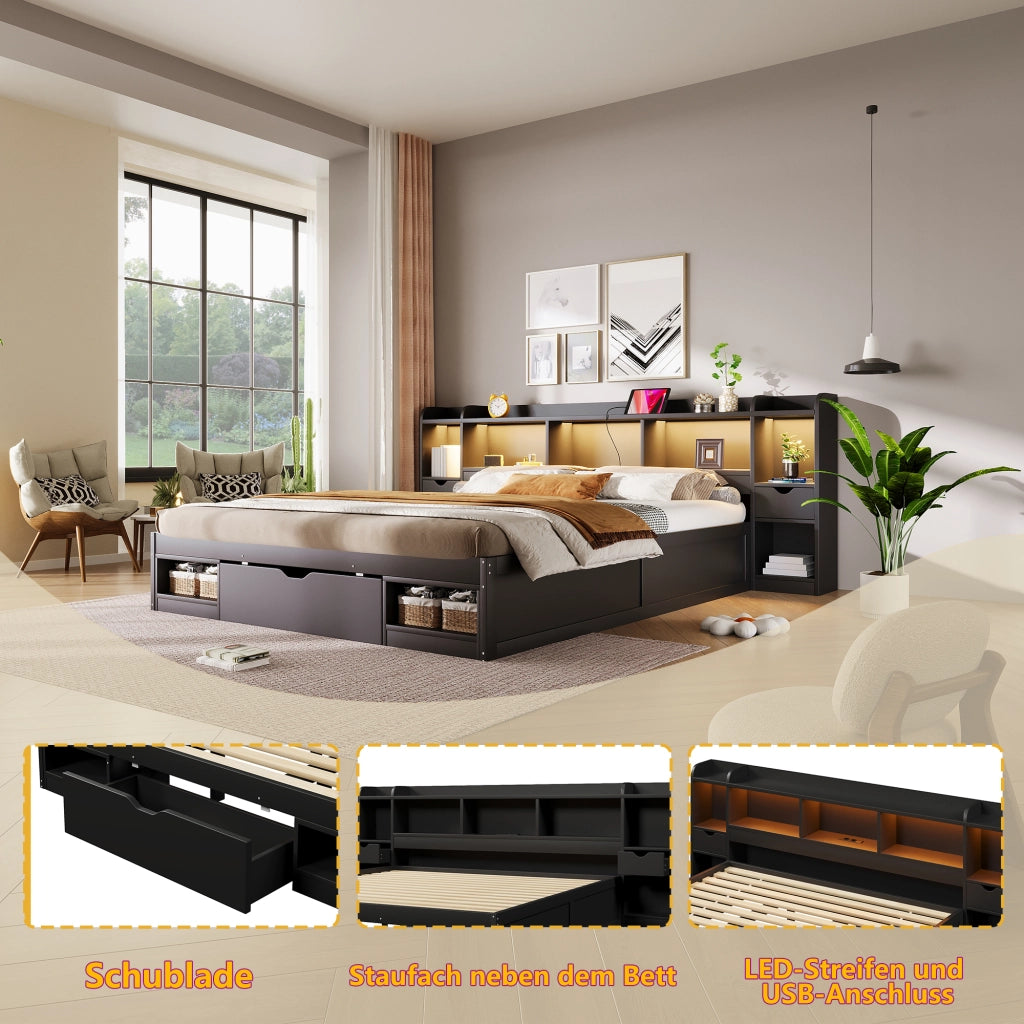 Letto contenitore matrimoniale 180 × 200 cm con LED, cassetti e ripiani, senza materasso, MDF nero