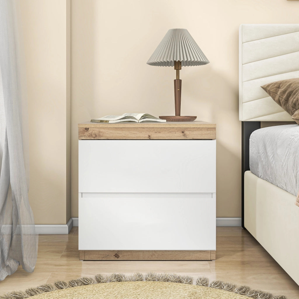 Comodino con 2 cassetti e vano contenitore; stile classico; per camera da letto; in truciolare; bianco e rovere