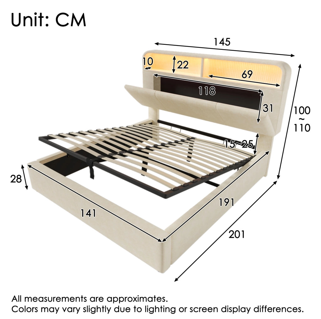 Letto matrimoniale 140x190 cm con LED, USB e contenitore