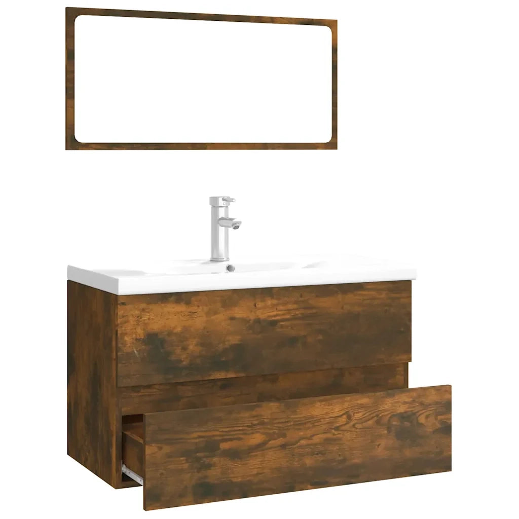 Mobile bagno con specchio e armadietto contenitore 80 x 39,5 x 45 cm in legno composito finitura rovere affumicato 02_0055243