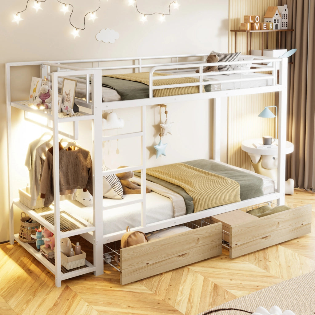 Letto a castello 90x200 cm con struttura in metallo; 2 cassetti; ripiani e LED; bianco