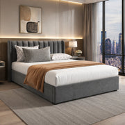 Letto imbottito 140x200 cm in velluto grigio con testiera, rete a doghe e 2 cassetti